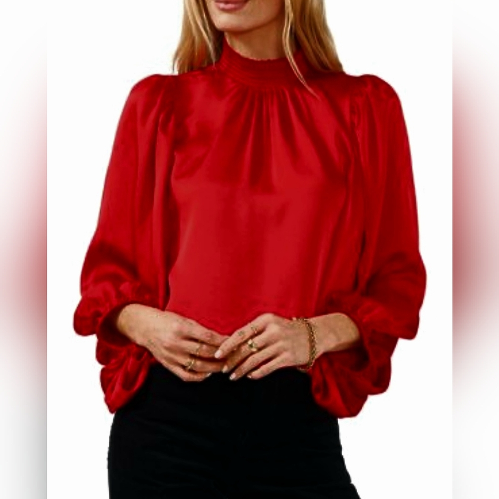 Alex & Lili Candy Apple Red Satiny Smocked-Neck Flowy Blouse